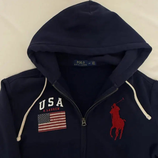 [BUNJANG] Polo Ralph Lauren Stars and Stripes Big Pony Navy Hoodie Zip-Up / 폴로 성조기 빅포니 네이비 후드집업