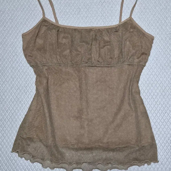 [BUNJANG] Vintage Mori Girl Mesh Sleeveless Top - Brown / 빈티지 모리걸 하구미 휴양지 매쉬 브라운 나시 슬리브리스