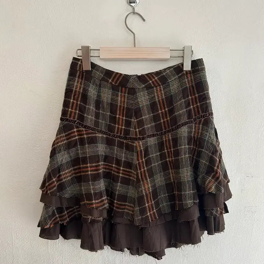 [BUNJANG] Brown Check Ruffle Skirt / 브라운 체크 캉캉 스커트