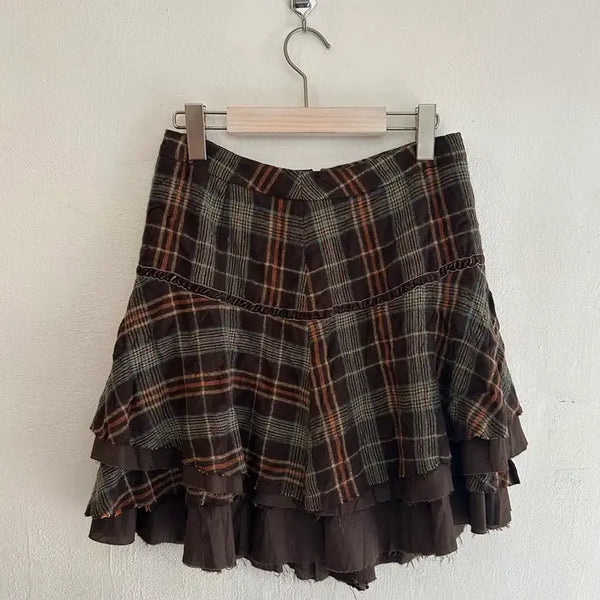 [BUNJANG] Brown Check Ruffle Skirt / 브라운 체크 캉캉 스커트