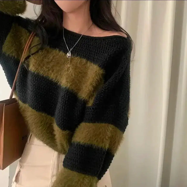 [BUNJANG] Stripe Angora Knit Cropped Sweater / 스트라이프 크롭 앙고라 니트
