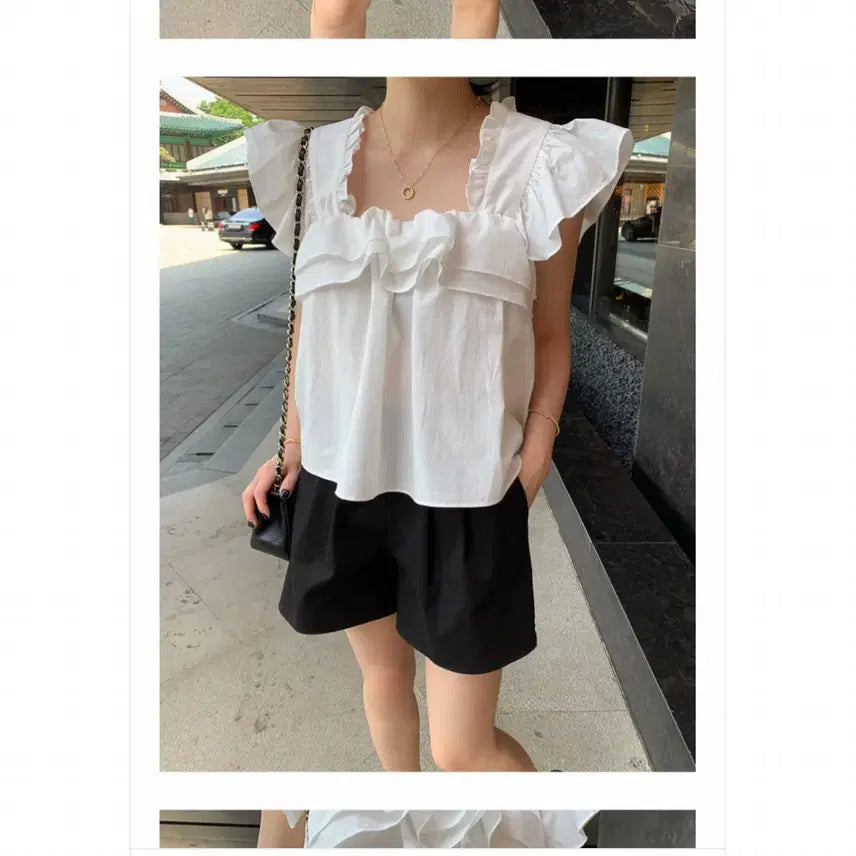 [BUNJANG] White Frill Square Neck Blouse / 화이트 프릴 블라우스