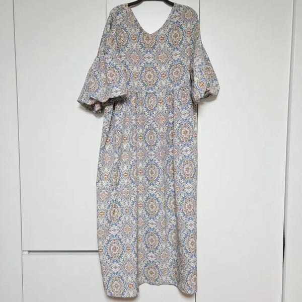 [BUNJANG] Patterned Long Sleeve Balloon Puff Dress (One Size) / 새상품 패턴 롱 원피스 벌룬 퍼프 반팔 소매 (프리)