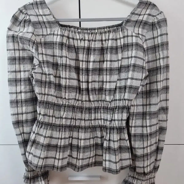 [BUNJANG] MIXXO Checkered Square Neck Puff Sleeve Blouse / 미쏘 체크무늬 스퀘어넥 퍼프 소매 밴딩 블라우스 s