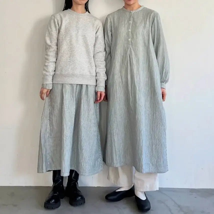 [BUNJANG] Muji K-Pack Long Sleeve Dress Striped Green L / 무인양품 케이폭 긴소매 원피스 L 스트라이프 그린