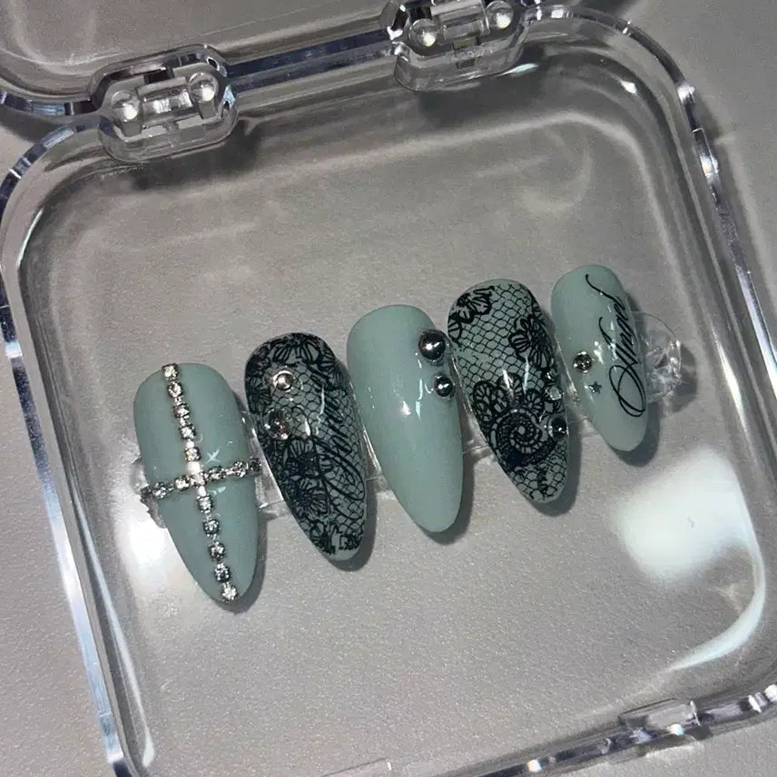 [BUNJANG] Handmade Mint Cross Nail Tips / 십자가 민트 레이스 수제네일팁