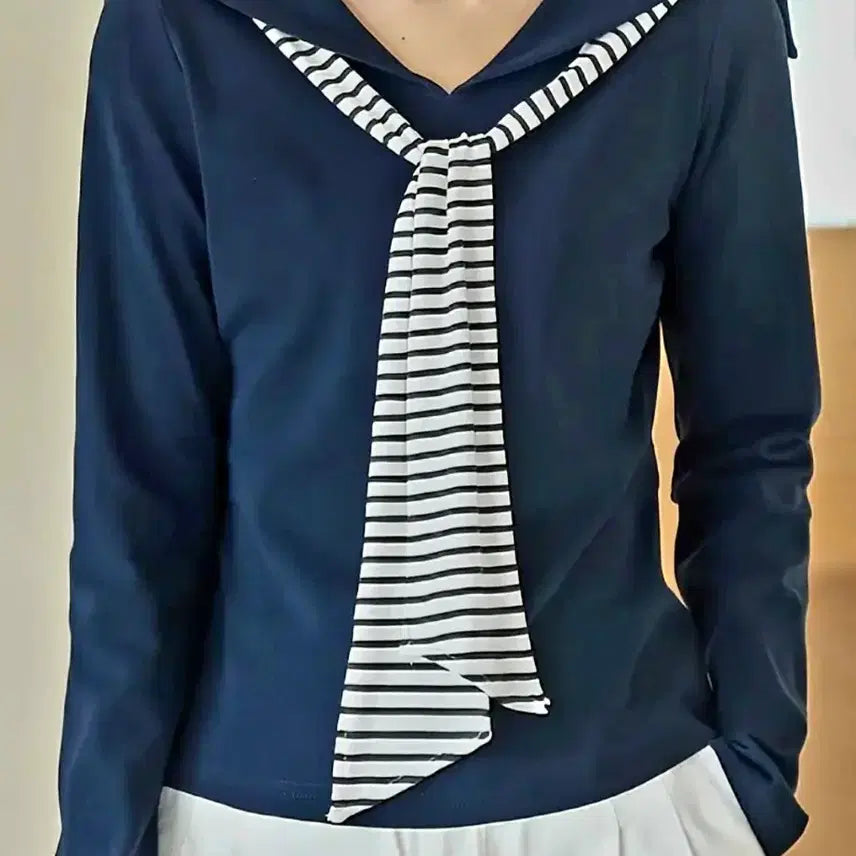 [BUNJANG] Navy Sailor Collar Stripe Scarf T-Shirt / 네이비 세일러 카라 스트라이프 머플러티