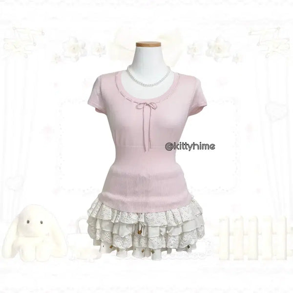 [BUNJANG] ef-de Pink Ribbon Rosette Top / ef-de 에후데 핑크 리본 딱붙 로걀탑 히메갸루 러블리로걀탑 핀터깔