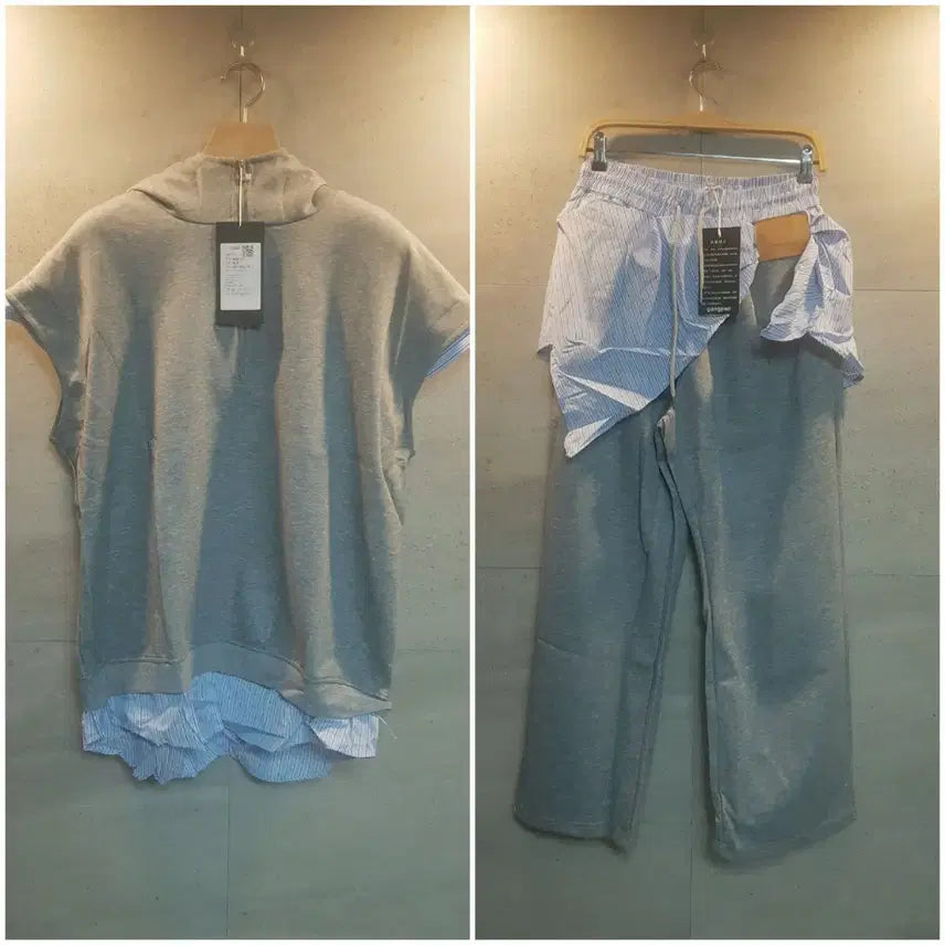 [BUNJANG] Gray Hooded Layered Sweatshirt Set / 그레이 후드 레이어드 맨투맨 세트