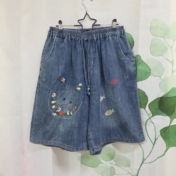 [BUNJANG] Embroidered Banding Blue Denim Shorts / 자수 밴딩 청반바지