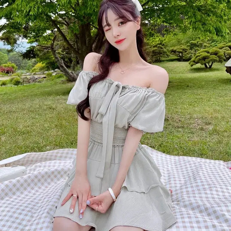 [BUNJANG] Mayyoon Ribbon Blouse + Ruffle Mini Skirt (Green Tea) / 새상품)메이윤 제작 리본 블라우스 + 캉캉 미니 스커트 세트 (그린티)