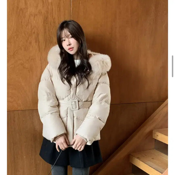 [BUNJANG] Pureda Fox Fur Belted Duck Down Padding Beige / 퓨어다 폭스퍼 벨티드 덕다운 패딩