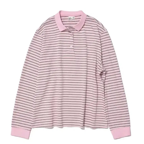 [BUNJANG] Partimento Women Pink Stripe Long Sleeve Polo Shirt / 새상품 파르티멘토우먼 핑크 스트라이프 긴팔 카라티 롱슬리브 폴로티