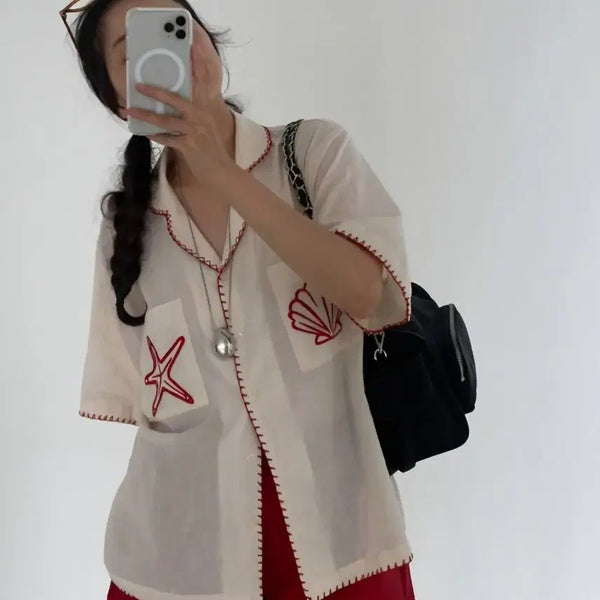 [BUNJANG] Linen Shirt with Shell and Constellation Embroidery / 린넨 셔츠