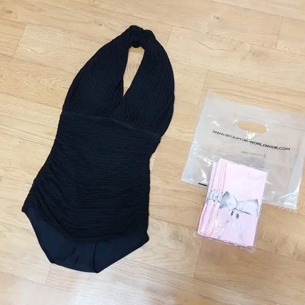 [BUNJANG] Sculptor Shirred Mesh Halterneck Swimsuit with Arm Tubes / 새상품)홀터넥 셔링 메쉬 여성수영복 M+스컬프터 암튜브