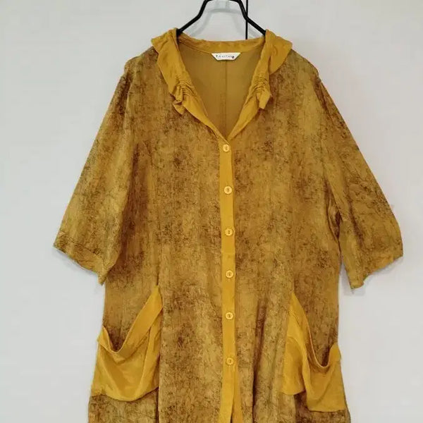 [BUNJANG] Mustard Dyeable Rayon Frill Neck Jacket-Style Long Blouse / 머스타드 나염 인견 프릴 넥 양옆이 처지는 멋스런 자켓형 롱 블라우스
