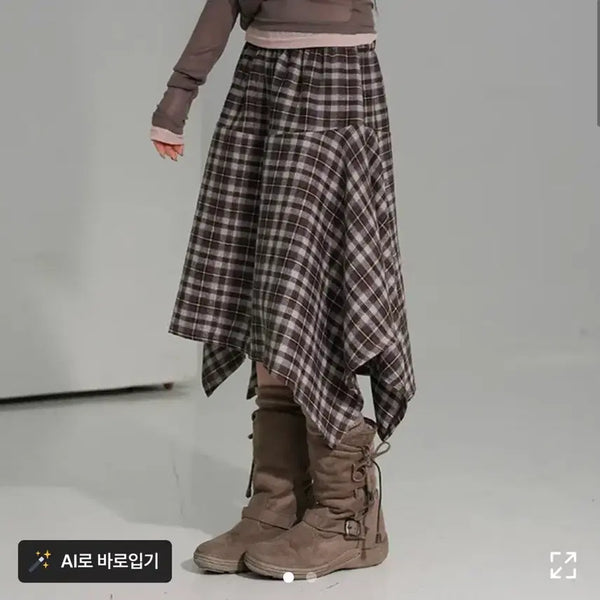 [BUNJANG] Binerryone Check Asymmetrical Skirt Navy / 에이블리 바이너리원 테론 체크 언발 스커트
