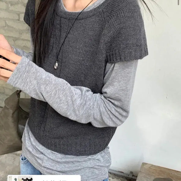 [BUNJANG] DailyJew Round Neck Short Sleeve Knit Charcoal / 에이블리 지그재그 데일리쥬 리즌 레이어드 라운드넥 반팔 니트
