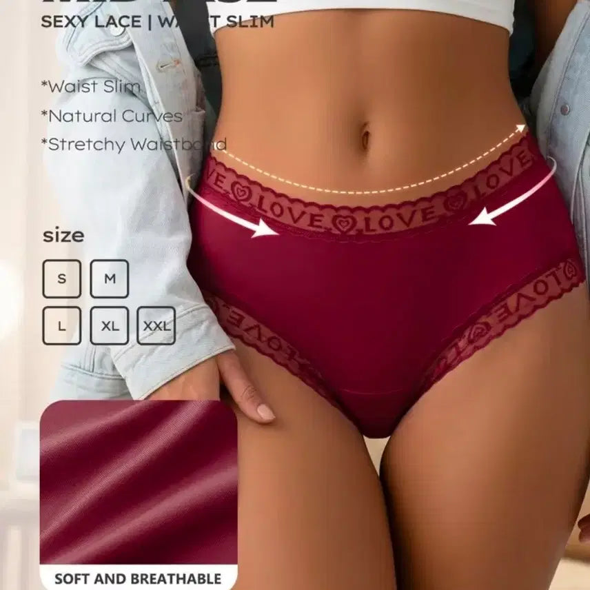 [BUNJANG] Mid-Rise Lace Hem Briefs - Burgundy, Size 77 / 미드라이즈 레이스 햄라인 여성 속옷 버건디 77사이즈