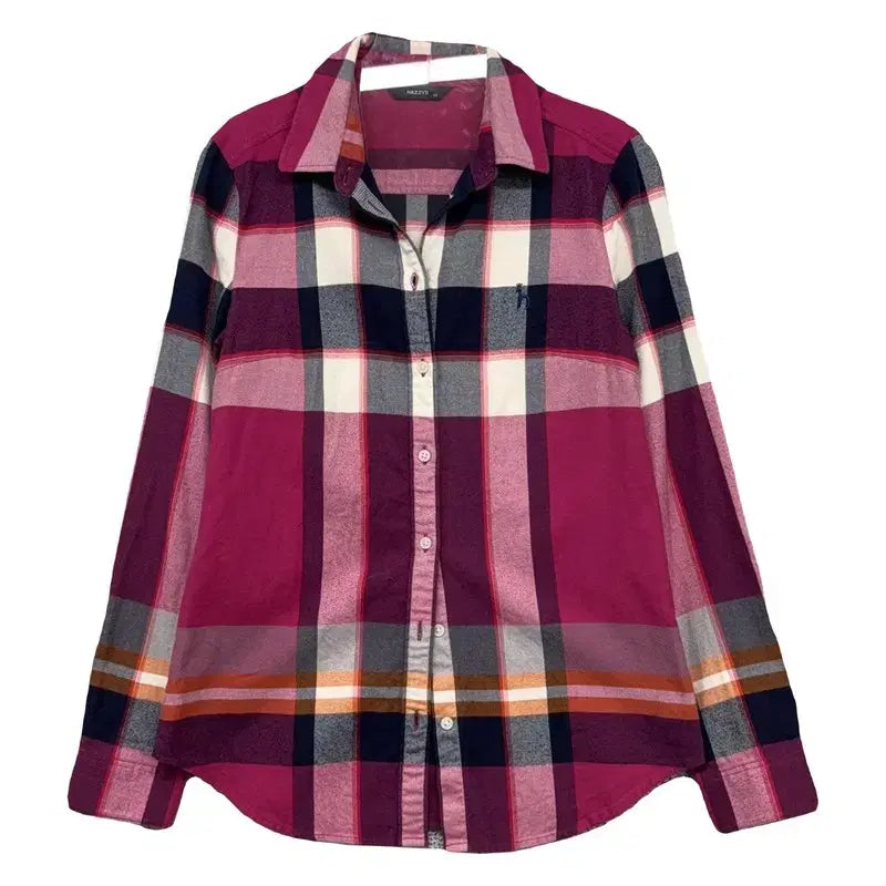 [BUNJANG] HAZZYS Check Pink Logo Shirt / 해지스 체크 핑크 로고 셔츠 85