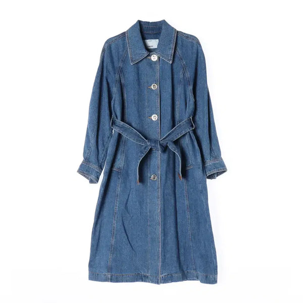 [BUNJANG] Objet 22FW Cotton Linen Blend Belted Denim Single Trench Coat Blue / 오브제 22FW 코튼 린넨 블렌드 벨티드 데님 싱글 트렌치 코트 블루