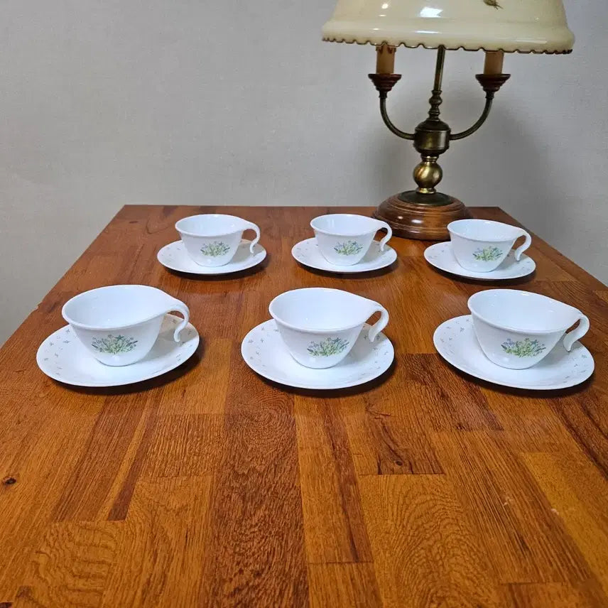 [BUNJANG] Corning Corelle Herb Coffee Cup & Saucer Set (6-Person, 12-Piece, Vintage, Unused) / 올드 단종품 오리지널 일체형 코렐 허브 커피잔 6인조 미사용품.