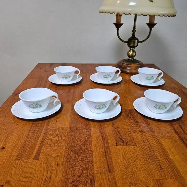[BUNJANG] Corning Corelle Herb Coffee Cup & Saucer Set (6-Person, 12-Piece, Vintage, Unused) / 올드 단종품 오리지널 일체형 코렐 허브 커피잔 6인조 미사용품.