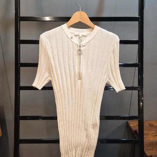 [BUNJANG] Maje Ring Zipper Ribbed Short Sleeve Knit Top Ecru / [S] 마쥬 maje 링 지퍼 골지 반팔 니트 탑 에크루 4.9