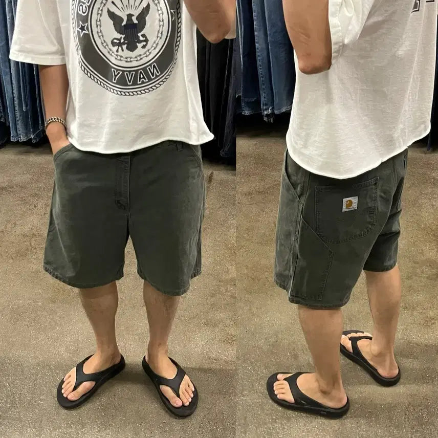 [BUNJANG] 90s Carhartt Duck Canvas Carpenter Shorts - Dark Olive (Size 35) / 90s Carhartt 덕캔버스 카펜터 반바지 (35)