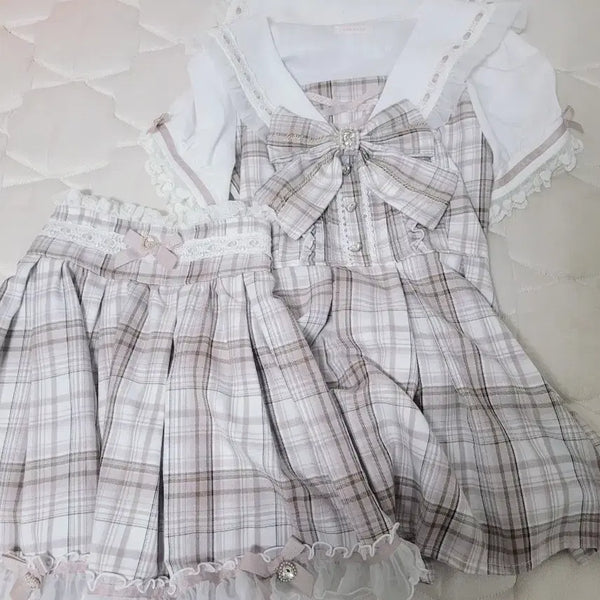 [BUNJANG] Lizlisa White Pink Check Semi-Custom Set Short Sleeve Blouse / 리즈리사 흰핑 체크 양산형 셋업 반팔 팝니다!