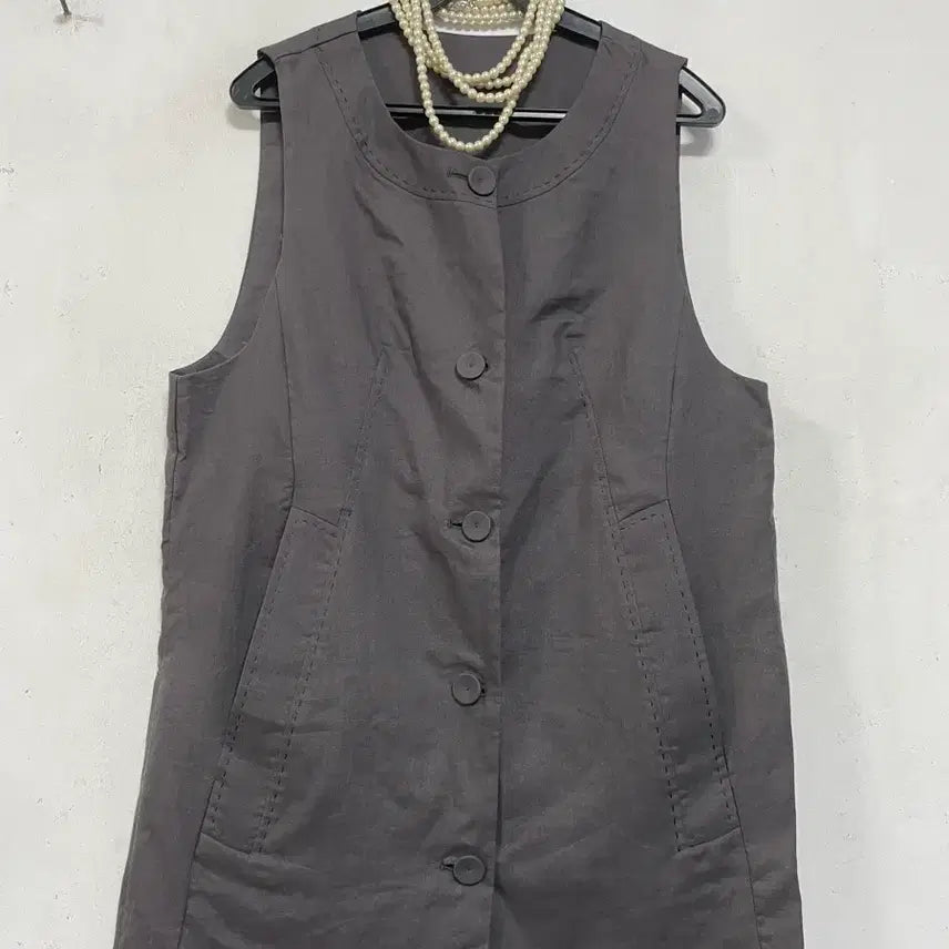 [BUNJANG] Unique Linen Long Vest Jacket / 특가새)N6846 유니크 마 롱 조끼.둿포켓.자켓.린넨.