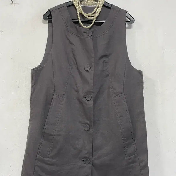 [BUNJANG] Unique Linen Long Vest Jacket / 특가새)N6846 유니크 마 롱 조끼.둿포켓.자켓.린넨.