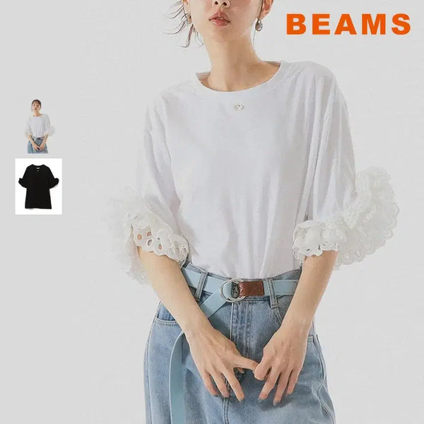 [BUNJANG] BEAMS COUTURE Lace Frill Sleeve T-Shirt / 빔즈 꾸뛰르 레이스 프릴 소매 티셔츠