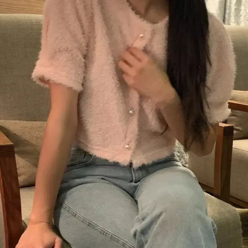 [BUNJANG] Short Sleeve Fur Cardigan Pink / 반팔 퍼 가디건 핑크 | 에이블리 옷 처분 | 상태 좋음