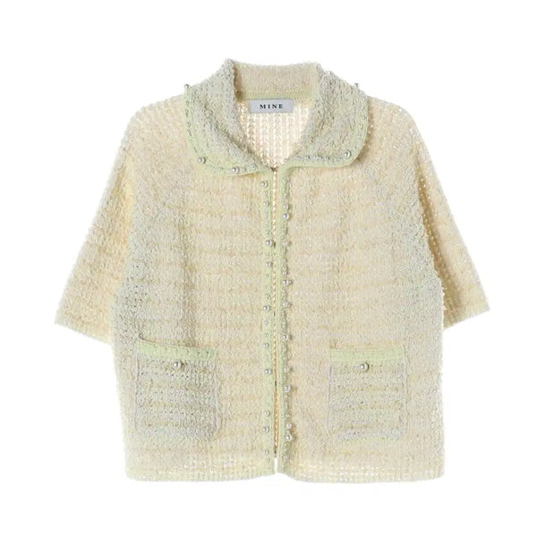 [BUNJANG] Mine 25FW Pearl Trimming Printed Knit Cardigan Short Sleeve Collar Top - Light Yellow / 마인 25FW 펄 트리밍 프린티 니트 가디건 반팔 카라 탑 라이트옐로우