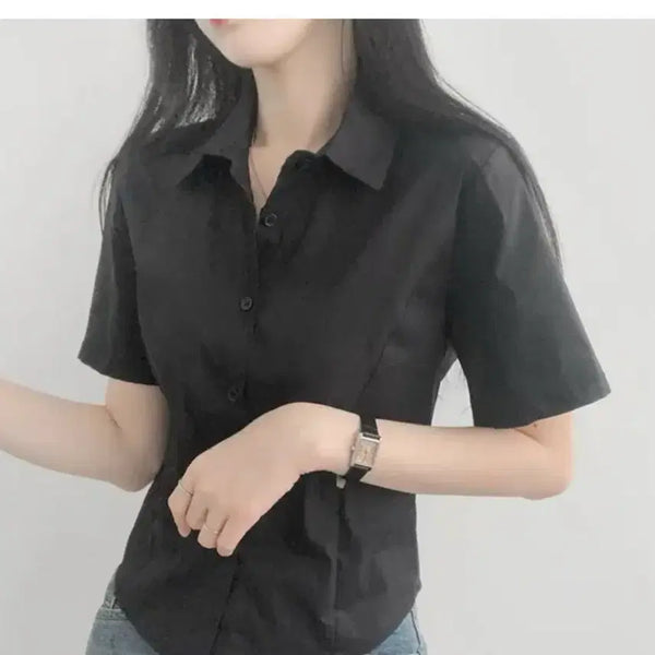 [BUNJANG] Women's Cropped Collar Short Sleeve Shirt with Waist Pin-tuck Detail / 허리핀턱 잘록핏 팔뚝커버 반팔 카라 크롭 셔츠 판매