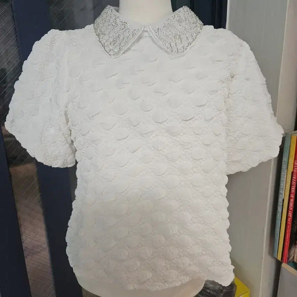 [BUNJANG] White Shirt Cubic Collar Blouse / 화이트 셔츠 큐빅 칼라