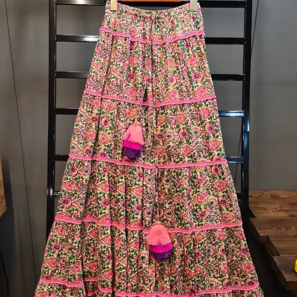 [BUNJANG] Sisicat Cotton Flower Tiered Banding Long Skirt Pink / [FREE] 시시캣 Sisicat 코튼 플라워 티어드 밴딩 롱 스커트 핑크 2.5