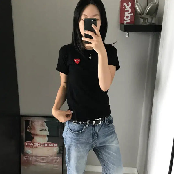 [BUNJANG] Comme des Garçons Red Heart Logo Black T-Shirt / 꼼데가르송 레드 와펜 블랙 반팔티