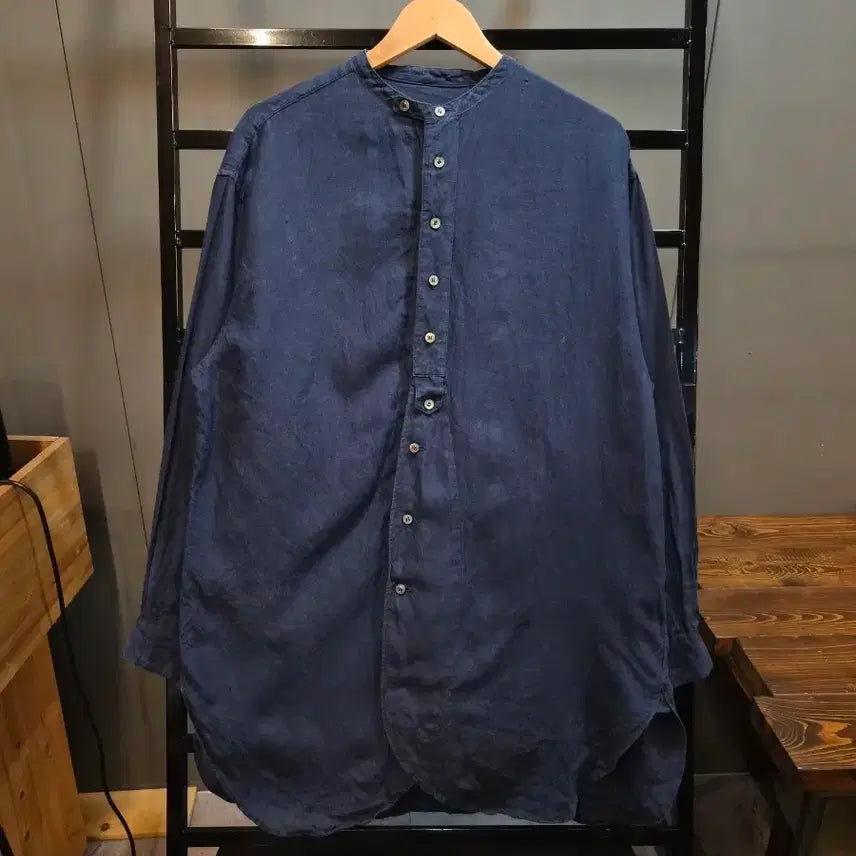 [BUNJANG] Vlas Blomme 100% Linen Band Collar Long Shirt Navy / [F] 블라스블럼 Vlas Blomme 린넨 100% 밴드카라 롱 셔츠 네이비 8.9