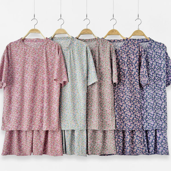 [BUNJANG] Retro Flower Pattern Short Sleeve Top & Bottom Set / 새상품) 레트로 플라워 패턴 반팔 상하의 세트