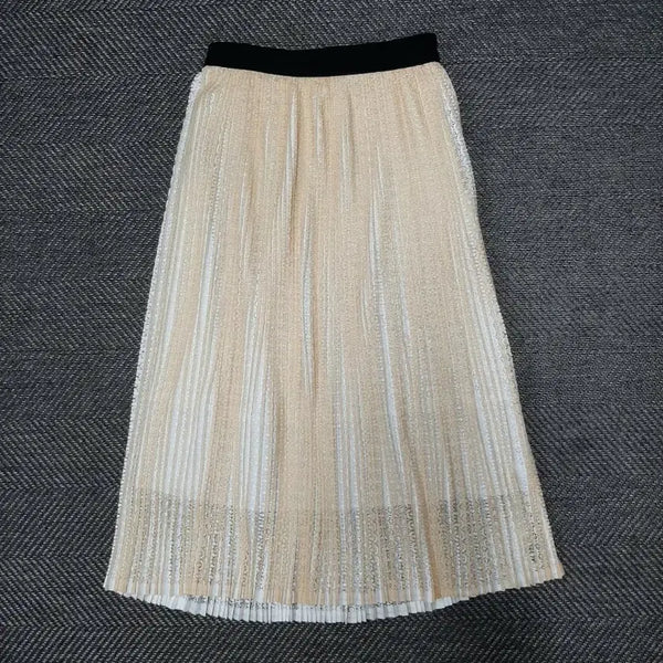 [BUNJANG] Sisley Beige Pleated Lace Long Skirt / 시슬리 베이지색 플리츠 레이스 롱스커트 밴딩치마