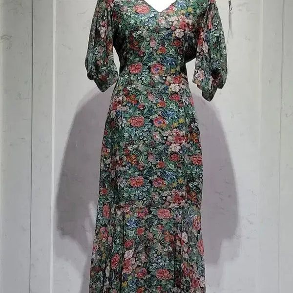[BUNJANG] Floral V-Neck Chiffon Maxi Dress / 플로럴 패턴 브이넥 쉬폰 원피스