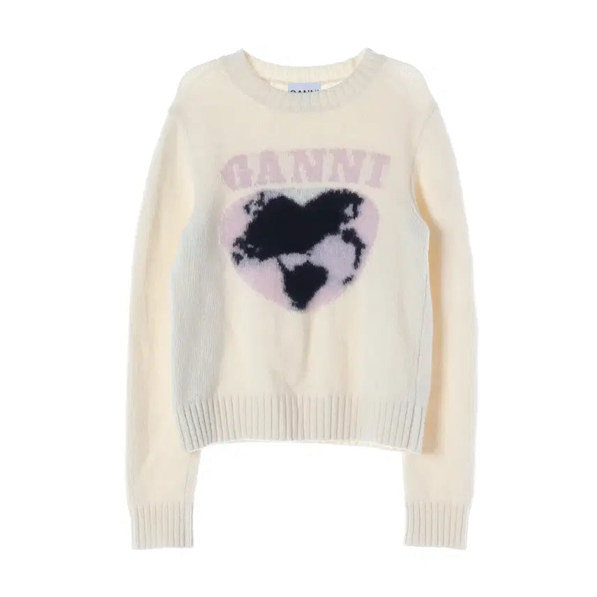 [BUNJANG] GANNI 24SS Heart Graphic Logo Wool Blend Knit Sweater / 가니 24SS 하트 그래픽 로고 울 블렌드 니트 스웨터
