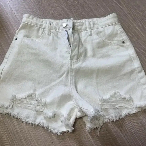 [BUNJANG] White High-Waisted Distressed Denim Shorts / 반바지