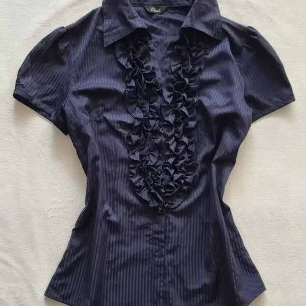 [BUNJANG] Vintage Geek Chic Oriental Navy Frill Shirt / 빈티지 긱시크 오리엔탈 네이비 프릴 셔츠