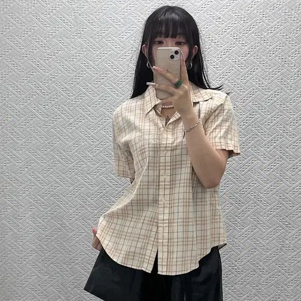 [BUNJANG] Burberry Country Retro Vintage Oatmeal Short Sleeve Check Shirt XL / 버버리 컨트리 레트로 빈티지 오트밀 반팔 체크 셔츠 XL C13453