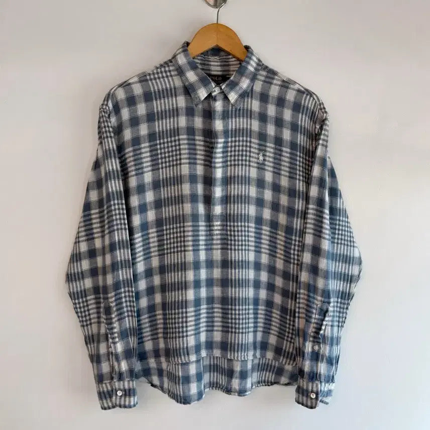 [BUNJANG] Polo Ralph Lauren Men's Blue Check Linen Henry Neck Shirt / 폴로 랄프로렌 루즈핏 신형 QR라벨 블루 체크 플래드 헨리넥 린넨 셔츠