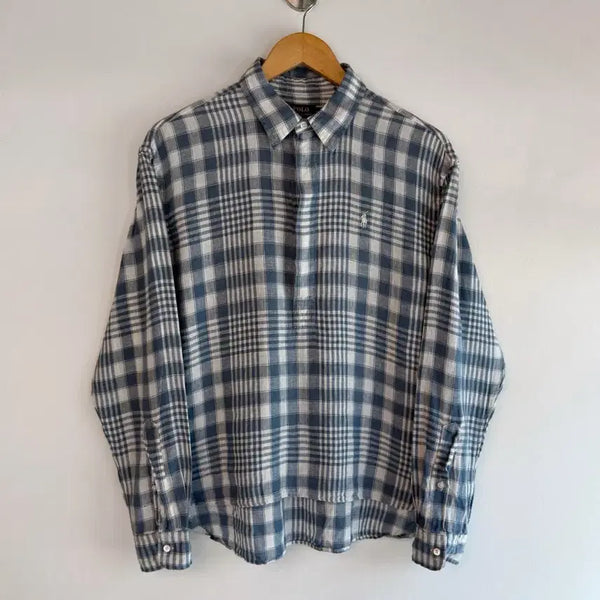 [BUNJANG] Polo Ralph Lauren Men's Blue Check Linen Henry Neck Shirt / 폴로 랄프로렌 루즈핏 신형 QR라벨 블루 체크 플래드 헨리넥 린넨 셔츠