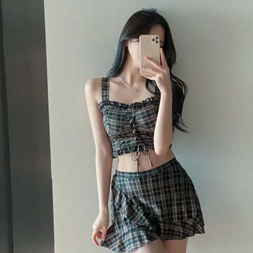 [BUNJANG] Check Pattern Frill Swimsuit Set / 체크 패턴 프릴 수영복 세트 | 에이블리 옷 처분